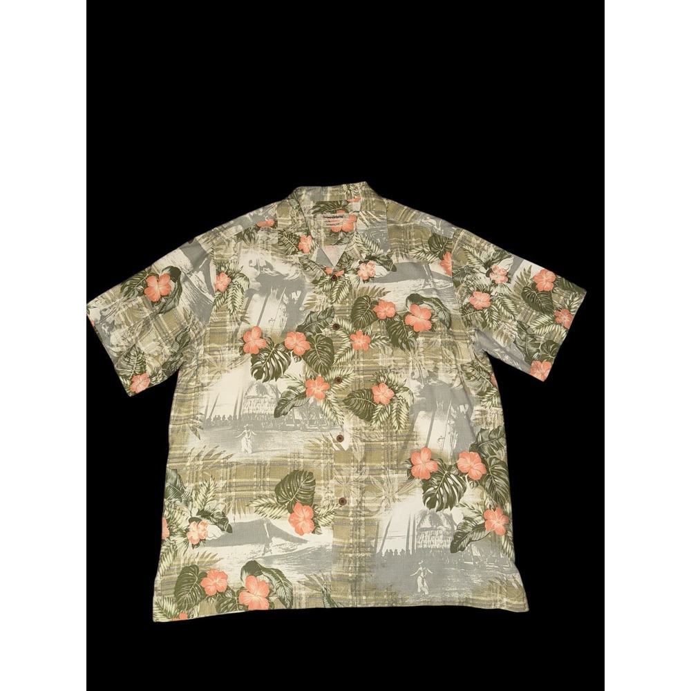 Tommy Bahama Silk Cotton Hawaiian‎ Shirt Green Floral Hula Girl Original Fit